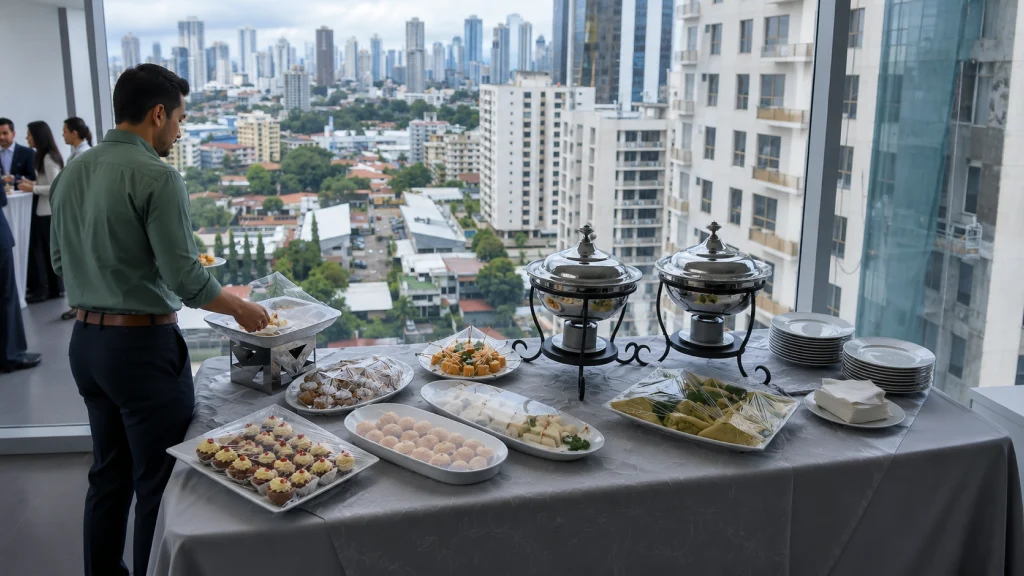 Mesa de catering montada junto a un ventanal con vista a la Ciudad de Panamá, con samovares, bandejas de bocaditos y platos listos